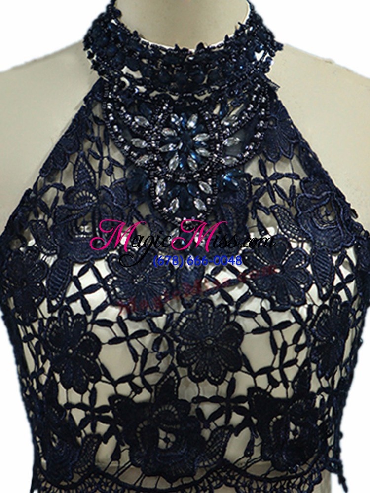 wholesale exquisite two pieces homecoming dress navy blue halter top taffeta sleeveless floor length zipper