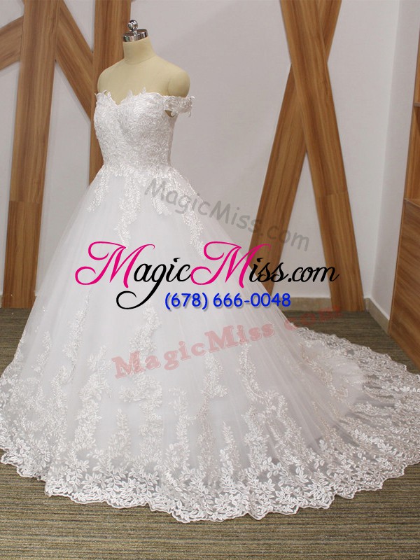 wholesale enchanting brush train ball gowns wedding dresses white off the shoulder tulle sleeveless zipper