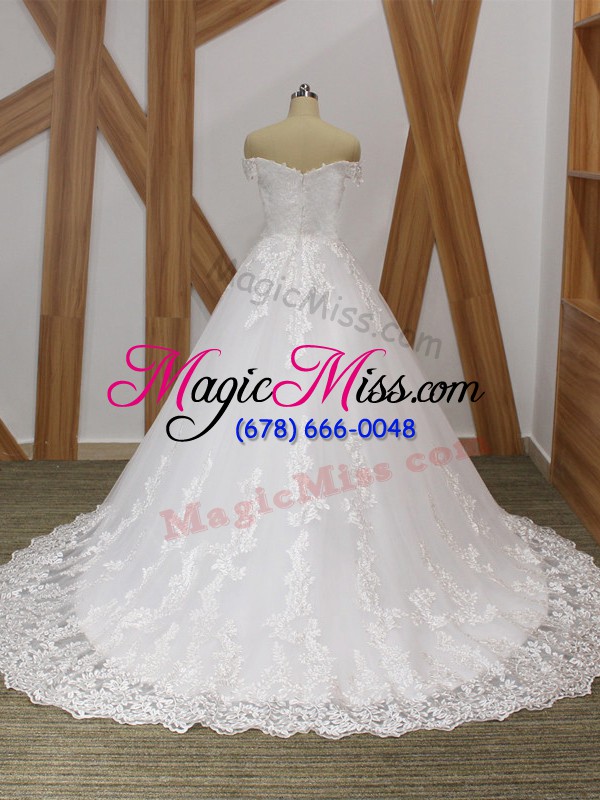 wholesale enchanting brush train ball gowns wedding dresses white off the shoulder tulle sleeveless zipper