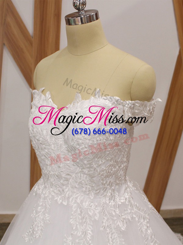 wholesale enchanting brush train ball gowns wedding dresses white off the shoulder tulle sleeveless zipper