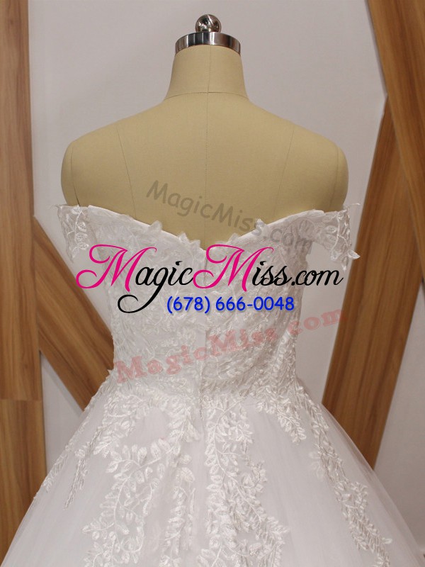 wholesale enchanting brush train ball gowns wedding dresses white off the shoulder tulle sleeveless zipper