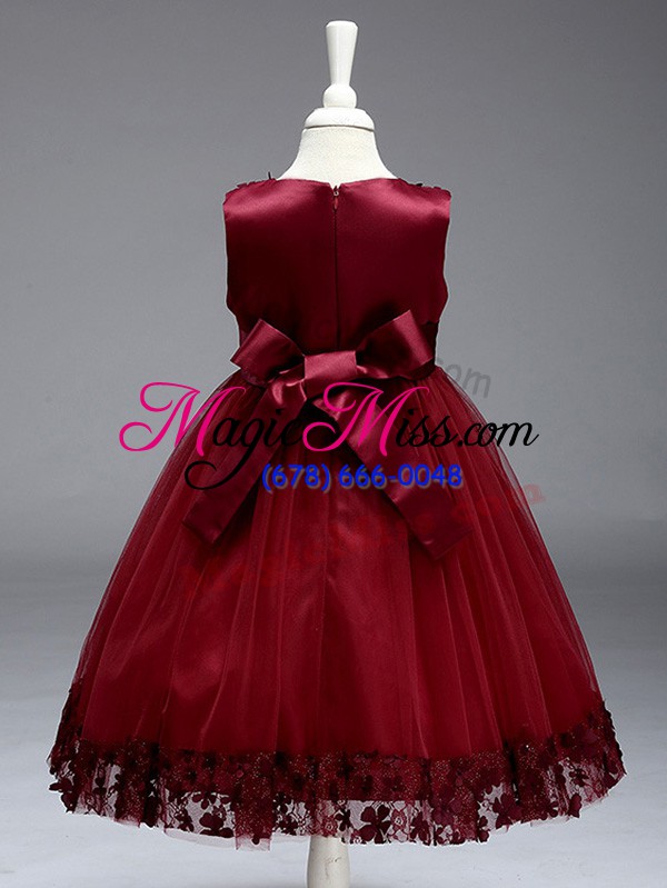 wholesale red ball gowns scoop sleeveless tulle tea length zipper appliques and bowknot pageant gowns for girls