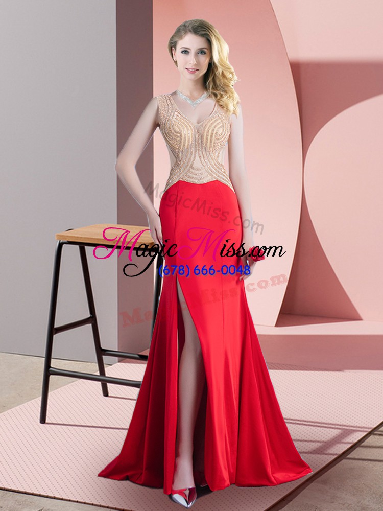 wholesale sophisticated red scoop zipper beading runway inspired dress brush train sleeveless