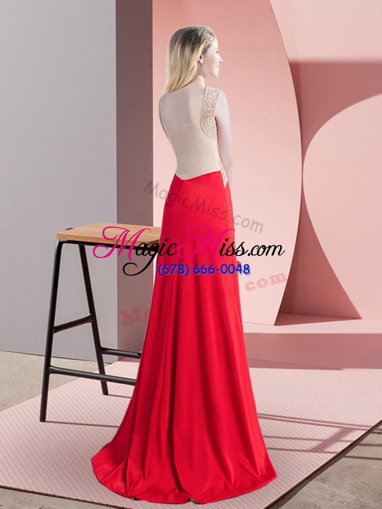 wholesale sophisticated red scoop zipper beading runway inspired dress brush train sleeveless