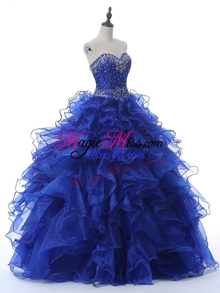 wholesale luxurious royal blue ball gowns organza sweetheart sleeveless beading and ruffles floor length lace up quinceanera gowns