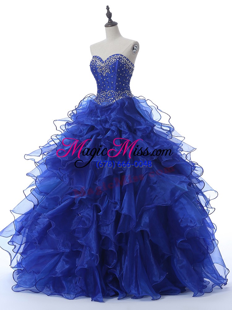 wholesale luxurious royal blue ball gowns organza sweetheart sleeveless beading and ruffles floor length lace up quinceanera gowns