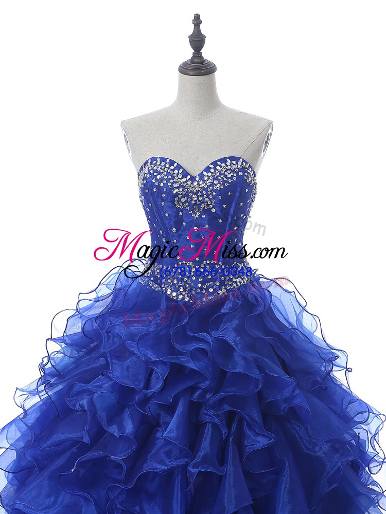 wholesale luxurious royal blue ball gowns organza sweetheart sleeveless beading and ruffles floor length lace up quinceanera gowns