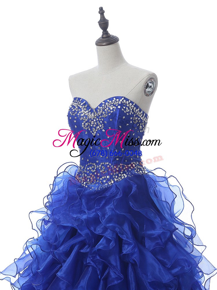 wholesale luxurious royal blue ball gowns organza sweetheart sleeveless beading and ruffles floor length lace up quinceanera gowns