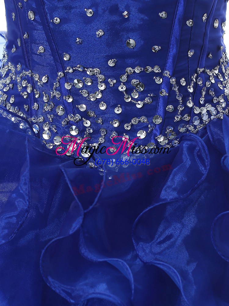 wholesale luxurious royal blue ball gowns organza sweetheart sleeveless beading and ruffles floor length lace up quinceanera gowns