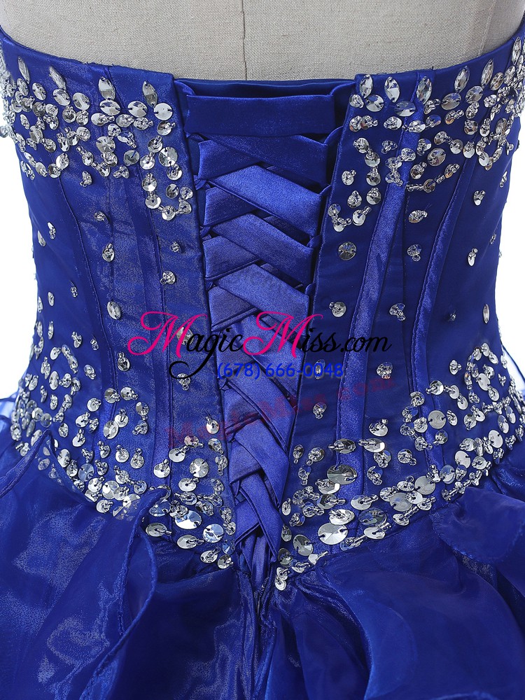 wholesale luxurious royal blue ball gowns organza sweetheart sleeveless beading and ruffles floor length lace up quinceanera gowns