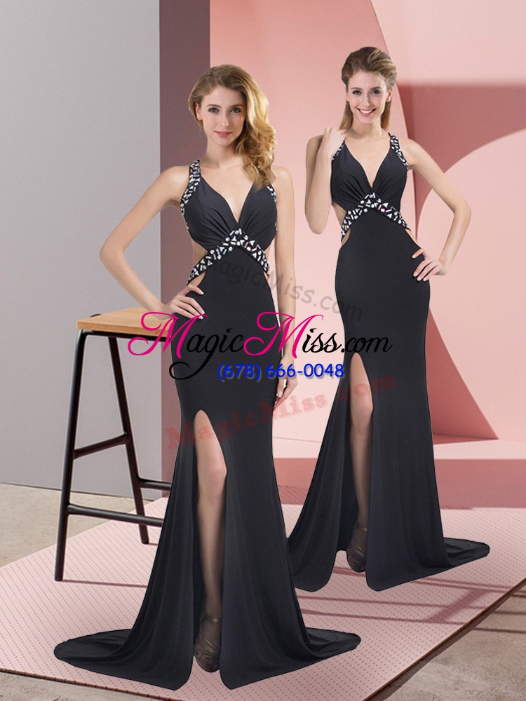 wholesale delicate sleeveless chiffon brush train criss cross celebrity inspired dress in black with beading