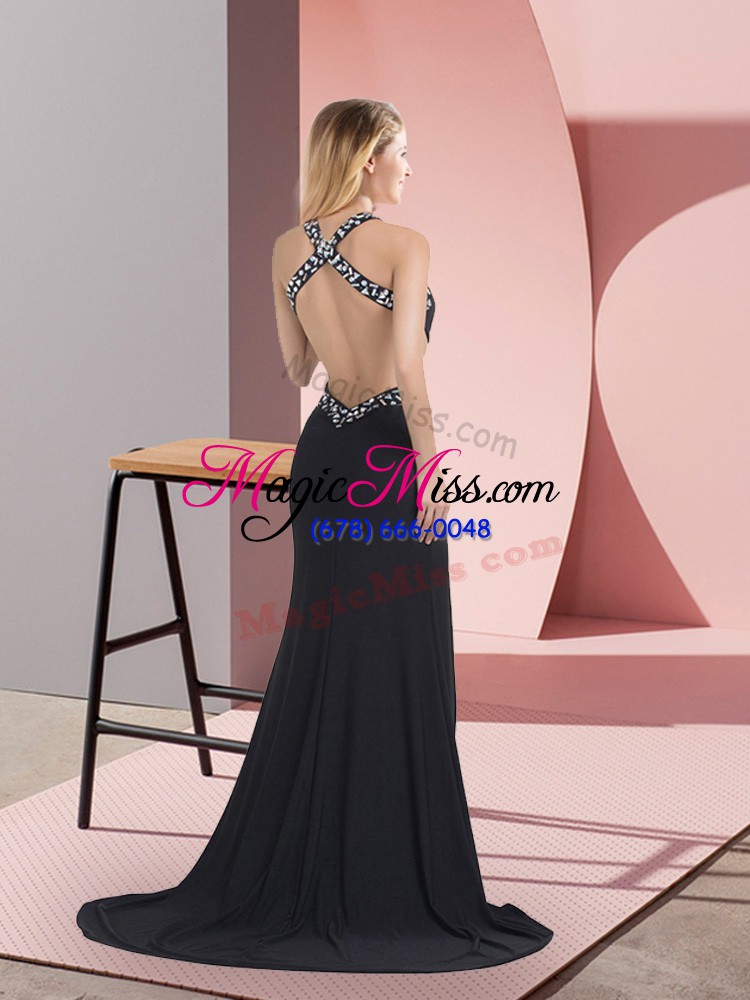 wholesale delicate sleeveless chiffon brush train criss cross celebrity inspired dress in black with beading