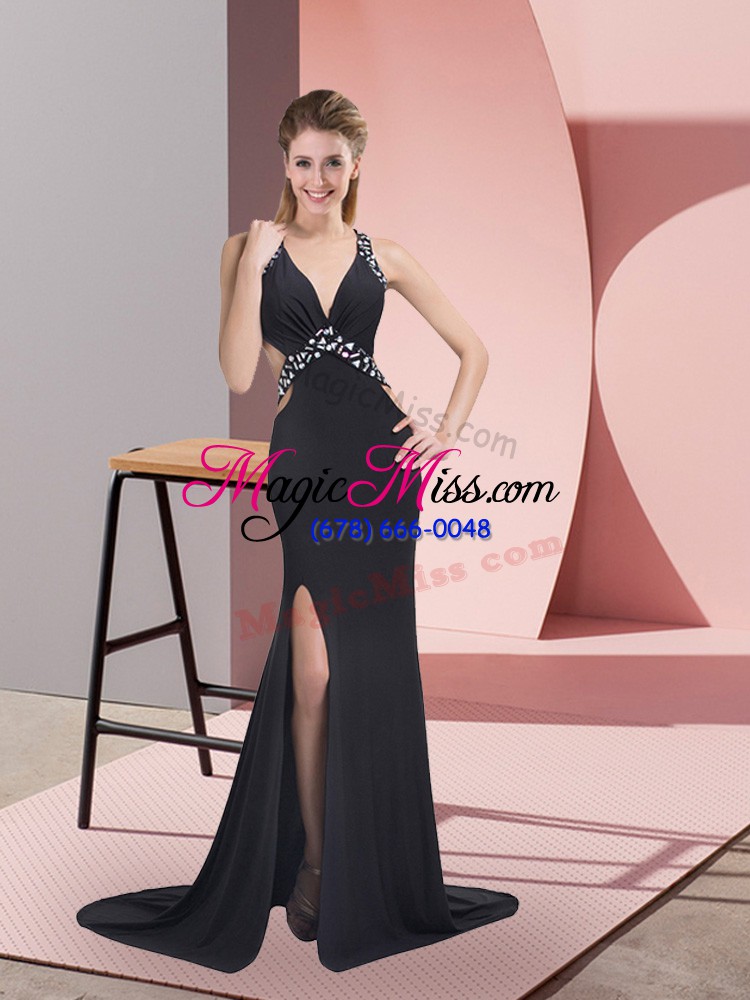 wholesale delicate sleeveless chiffon brush train criss cross celebrity inspired dress in black with beading