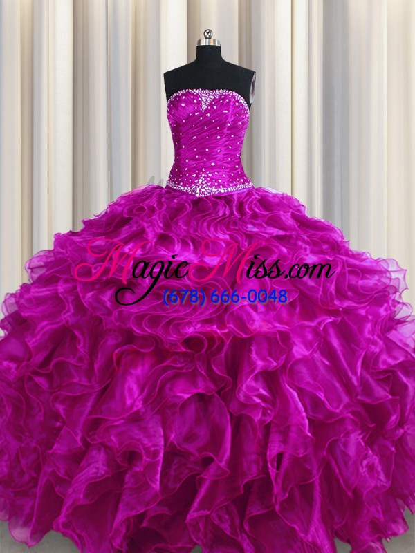 wholesale admirable strapless sleeveless ball gown prom dress floor length beading and ruffles fuchsia organza