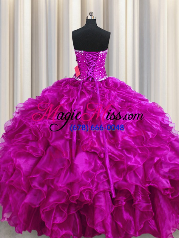 wholesale admirable strapless sleeveless ball gown prom dress floor length beading and ruffles fuchsia organza