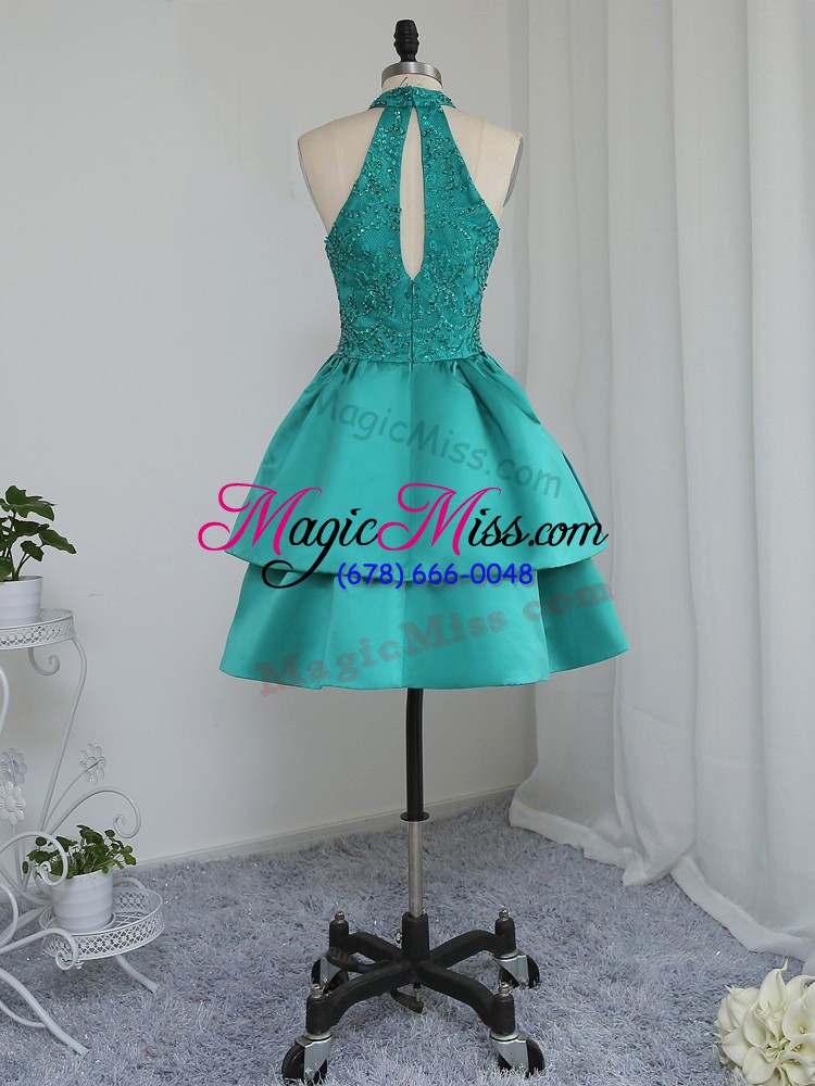 wholesale custom designed satin sleeveless mini length prom dress and lace and appliques