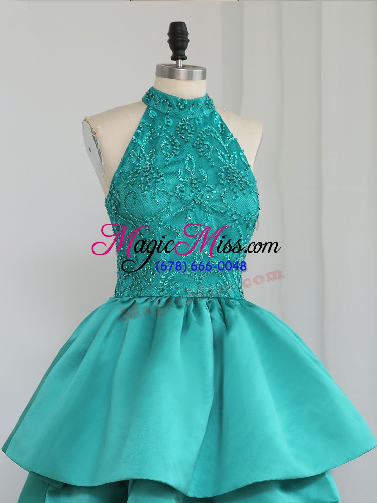 wholesale custom designed satin sleeveless mini length prom dress and lace and appliques