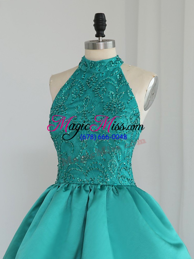 wholesale custom designed satin sleeveless mini length prom dress and lace and appliques