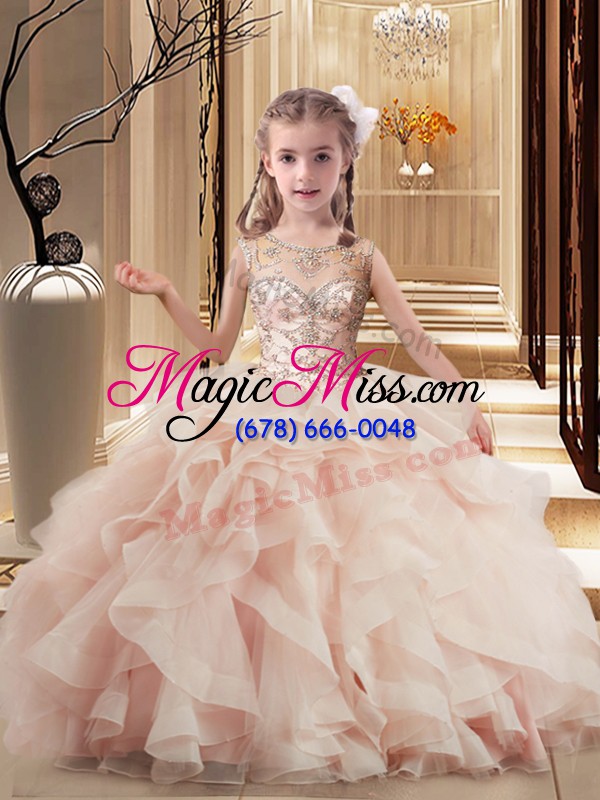 wholesale scoop sleeveless tulle little girls pageant gowns beading and ruffles brush train lace up