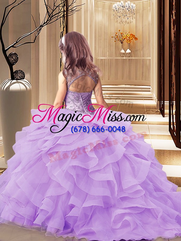 wholesale scoop sleeveless tulle little girls pageant gowns beading and ruffles brush train lace up