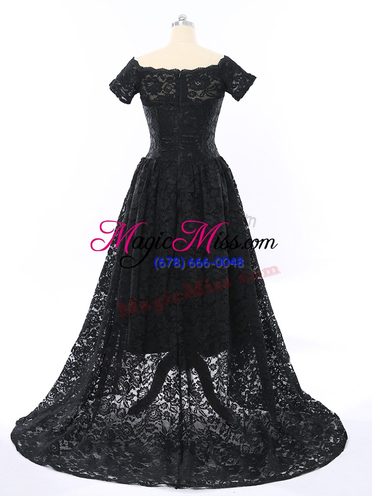 wholesale flirting black lace zipper scalloped short sleeves high low military ball dresses for women lace