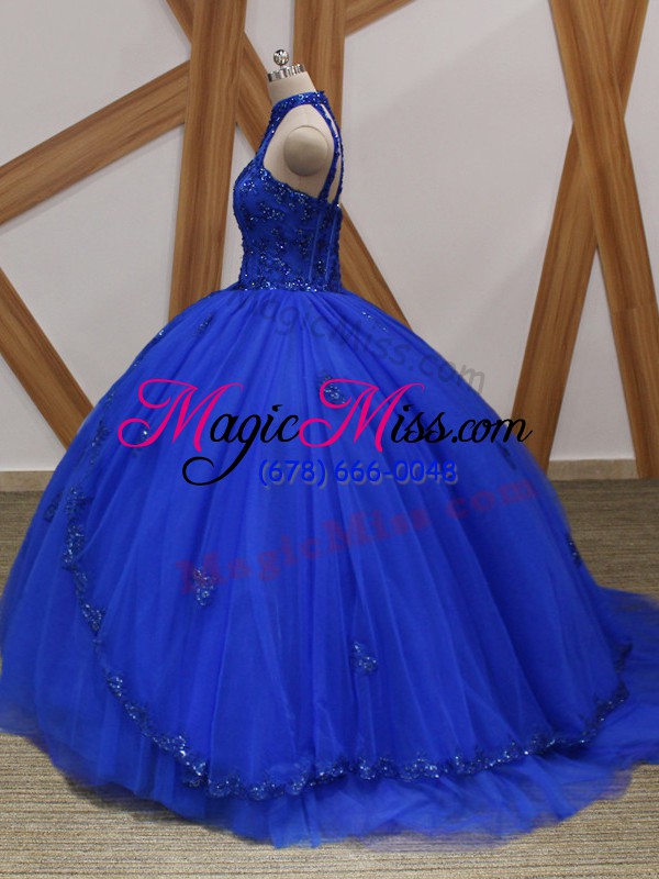 wholesale high class tulle sleeveless quinceanera gowns brush train and appliques