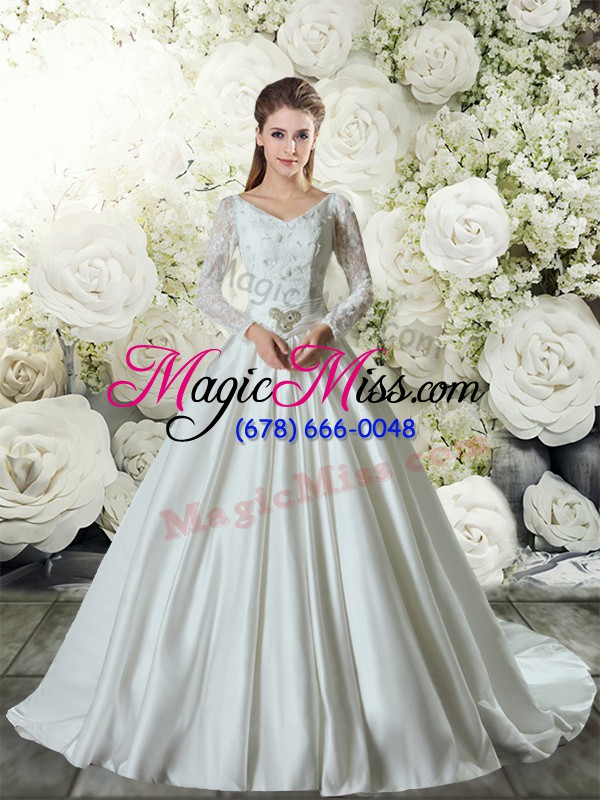 wholesale suitable white taffeta lace up v-neck long sleeves wedding gown chapel train lace and belt