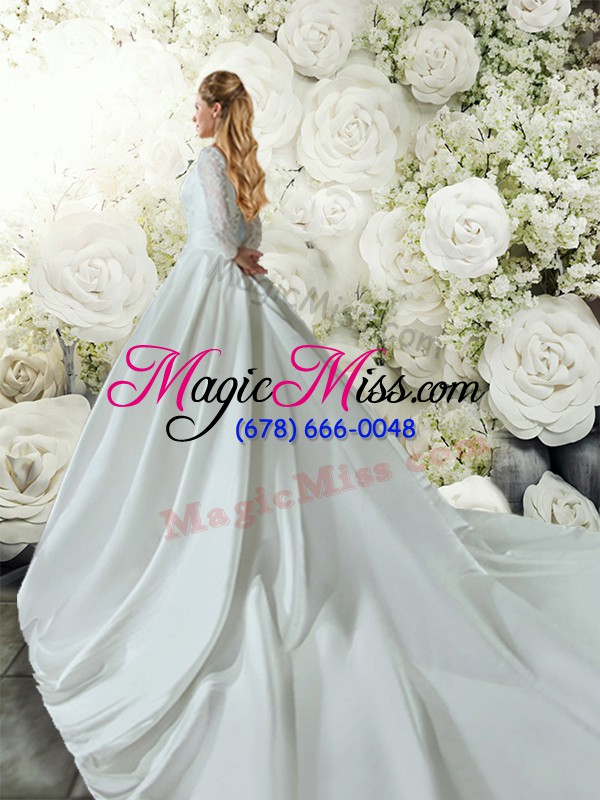 wholesale suitable white taffeta lace up v-neck long sleeves wedding gown chapel train lace and belt