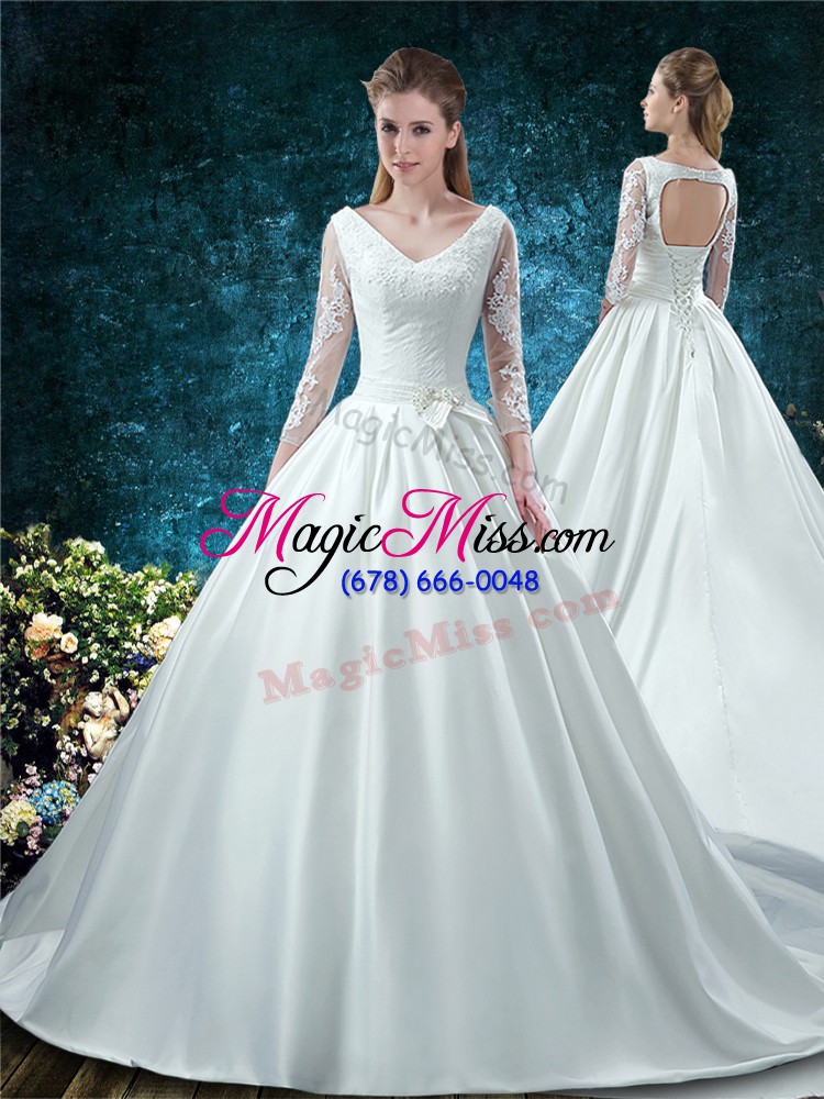 wholesale sexy white 3 4 length sleeve chapel train lace and belt 15 quinceanera dress