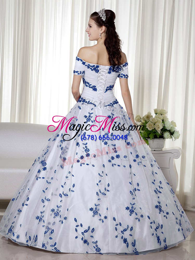 wholesale low price white short sleeves organza lace up quince ball gowns for military ball and sweet 16 and quinceanera