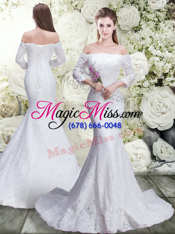 wholesale two pieces 3 4 length sleeve white wedding dress brush train lace up