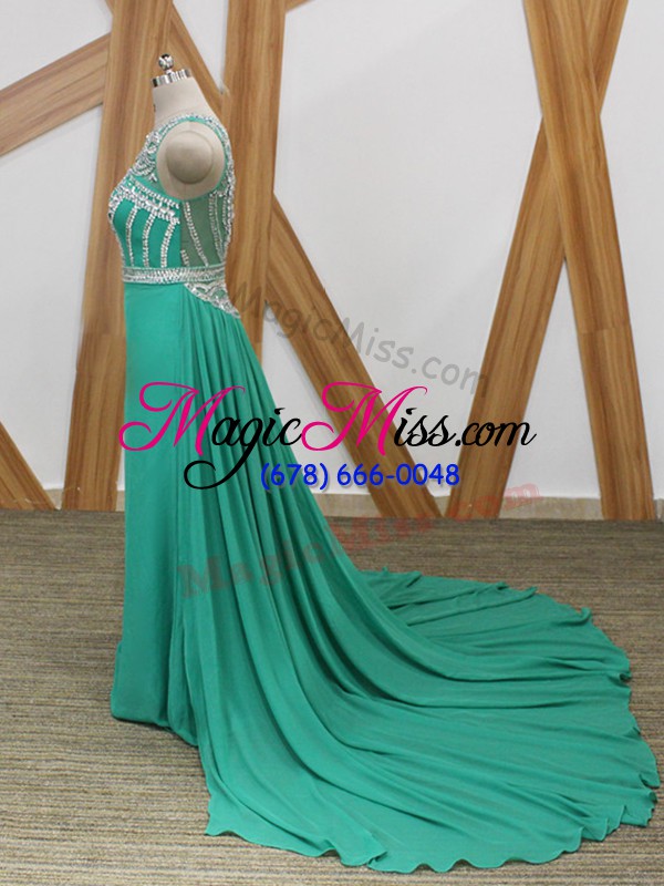 wholesale chiffon scoop sleeveless watteau train side zipper beading pageant gowns in turquoise