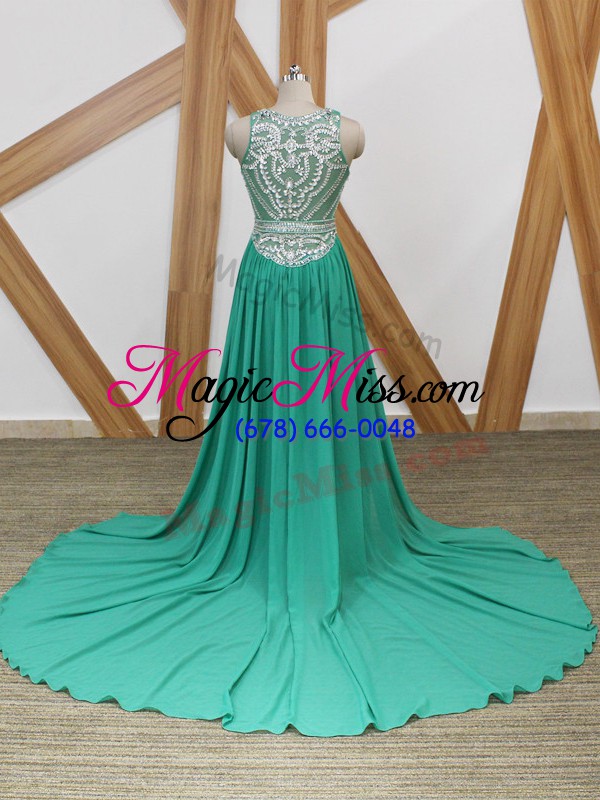 wholesale chiffon scoop sleeveless watteau train side zipper beading pageant gowns in turquoise