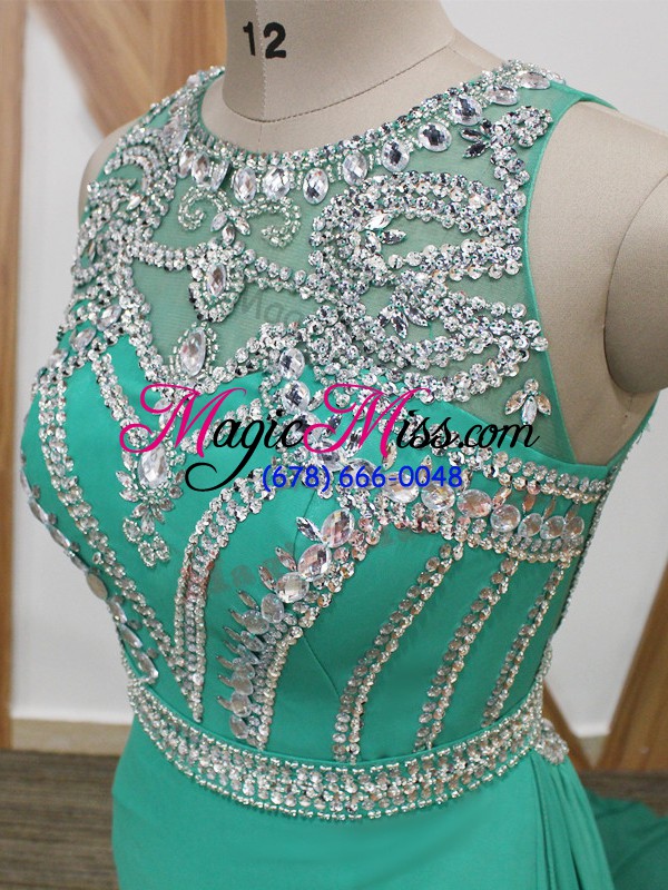 wholesale chiffon scoop sleeveless watteau train side zipper beading pageant gowns in turquoise