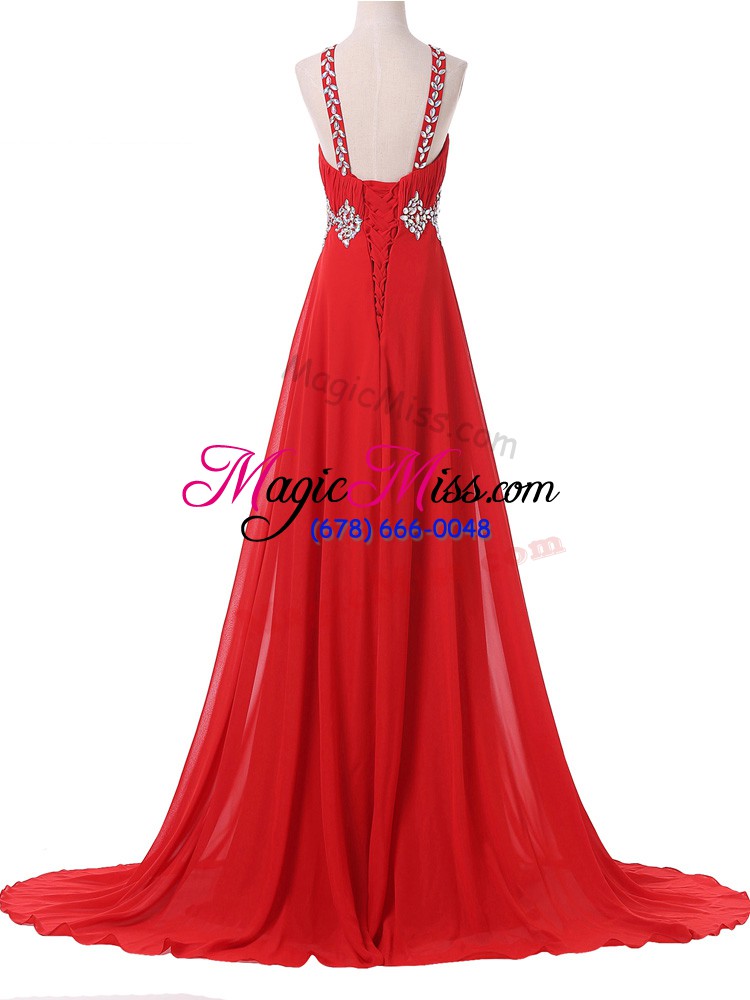 wholesale luxury red halter top lace up beading and ruching evening gowns brush train sleeveless