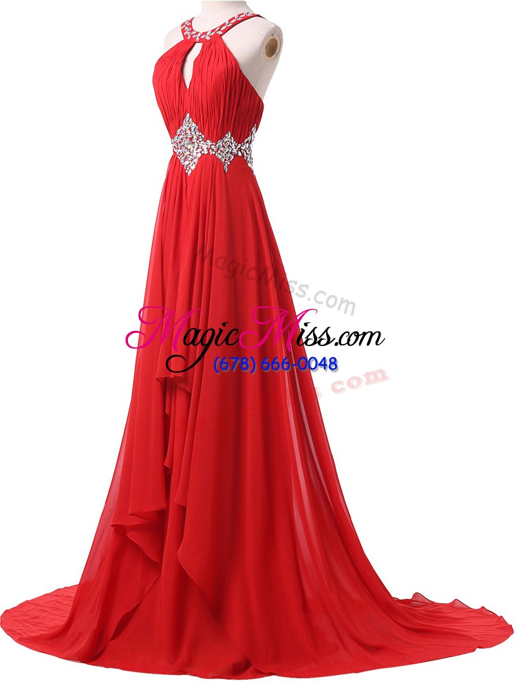 wholesale luxury red halter top lace up beading and ruching evening gowns brush train sleeveless