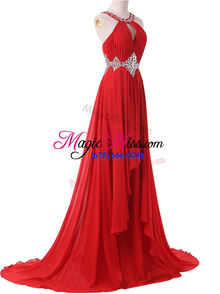 wholesale luxury red halter top lace up beading and ruching evening gowns brush train sleeveless