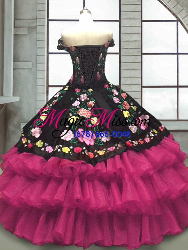 wholesale multi-color ball gowns organza and taffeta off the shoulder sleeveless embroidery and ruffled layers floor length lace up quinceanera dresses