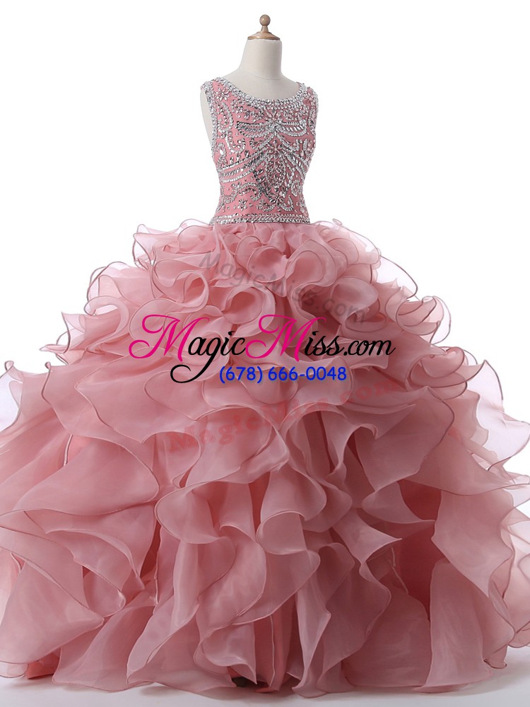 wholesale sleeveless floor length beading and ruffles zipper sweet 16 quinceanera dress with pink