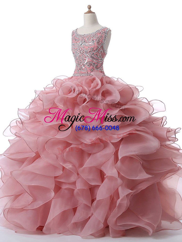 wholesale sleeveless floor length beading and ruffles zipper sweet 16 quinceanera dress with pink