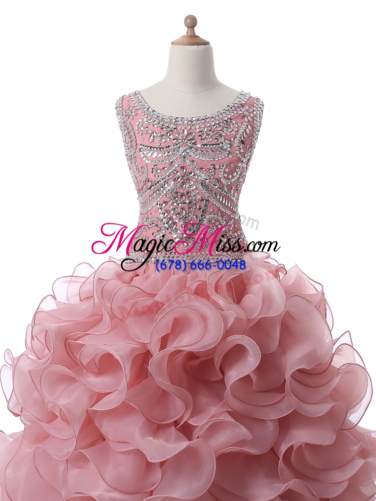 wholesale sleeveless floor length beading and ruffles zipper sweet 16 quinceanera dress with pink