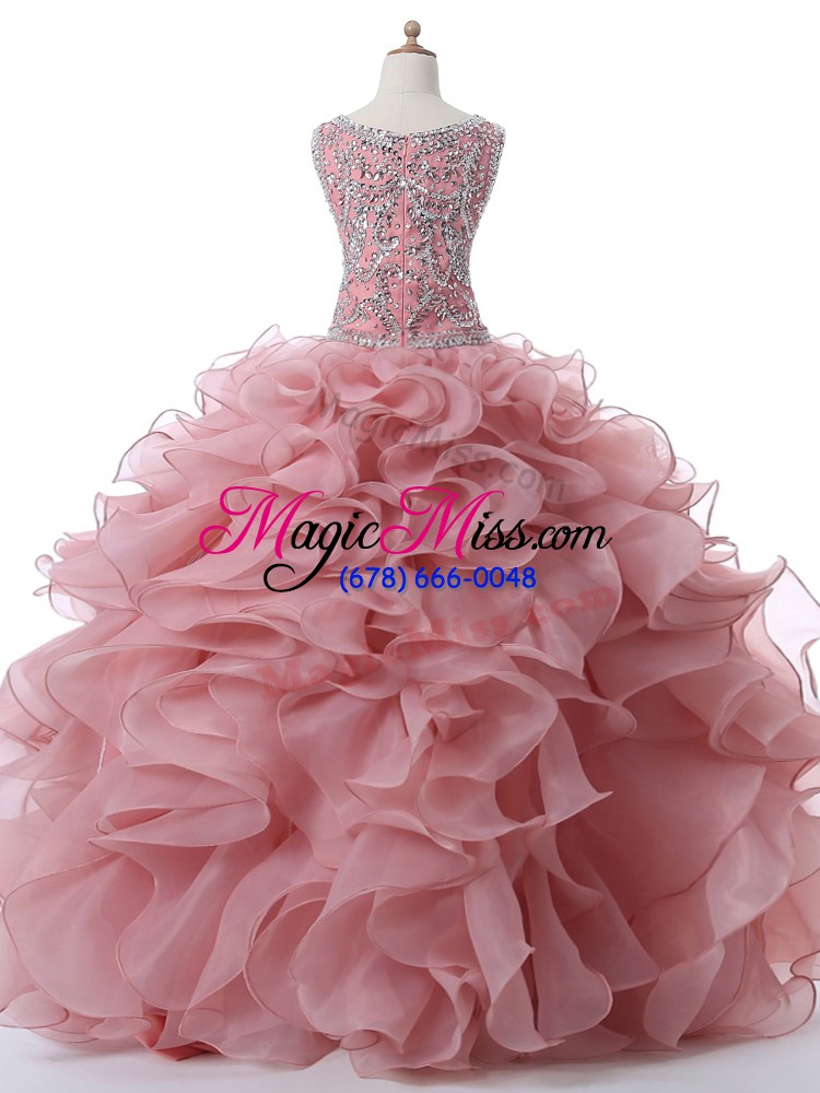 wholesale sleeveless floor length beading and ruffles zipper sweet 16 quinceanera dress with pink