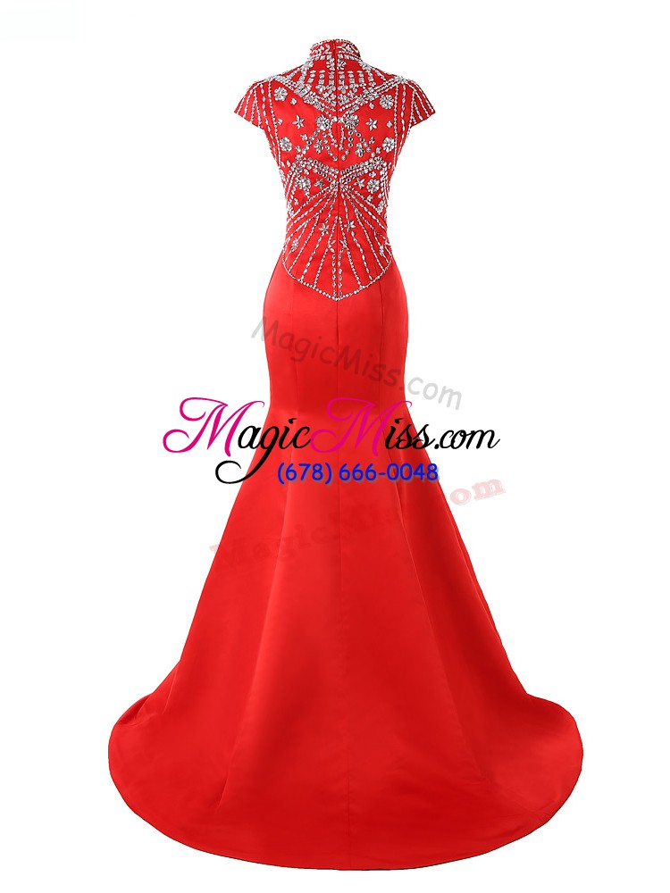 wholesale satin halter top short sleeves sweep train zipper beading formal dresses in coral red