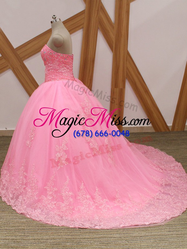 wholesale rose pink sweetheart neckline beading and lace ball gown prom dress sleeveless lace up