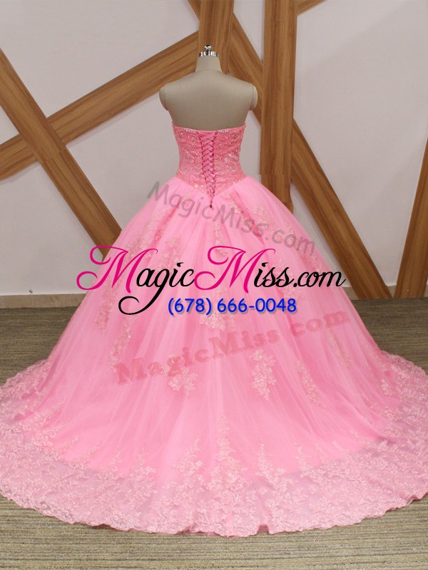 wholesale rose pink sweetheart neckline beading and lace ball gown prom dress sleeveless lace up