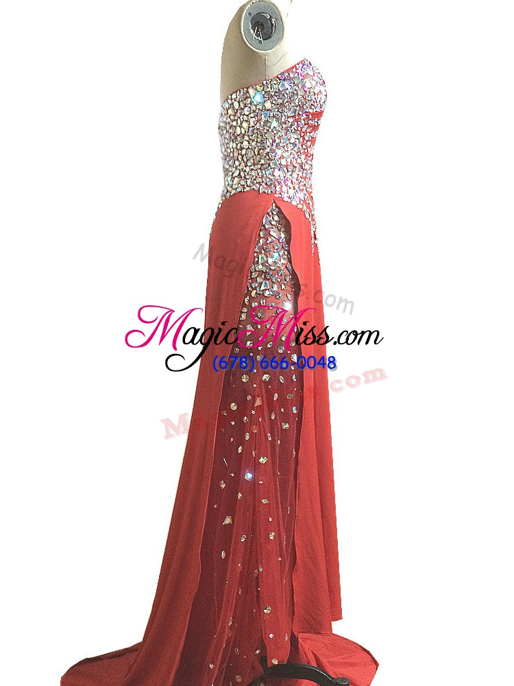 wholesale artistic red sleeveless beading and ruching side zipper