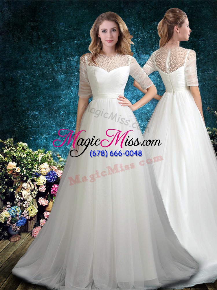 wholesale customized empire half sleeves white ball gown prom dress brush train zipper