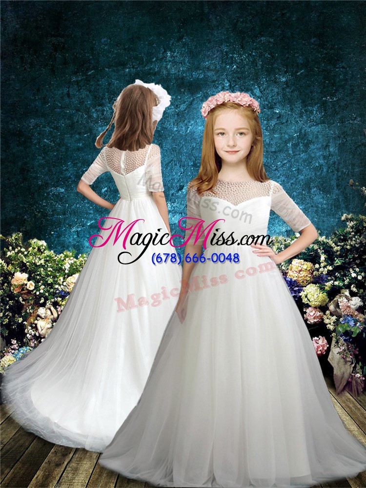 wholesale customized empire half sleeves white ball gown prom dress brush train zipper