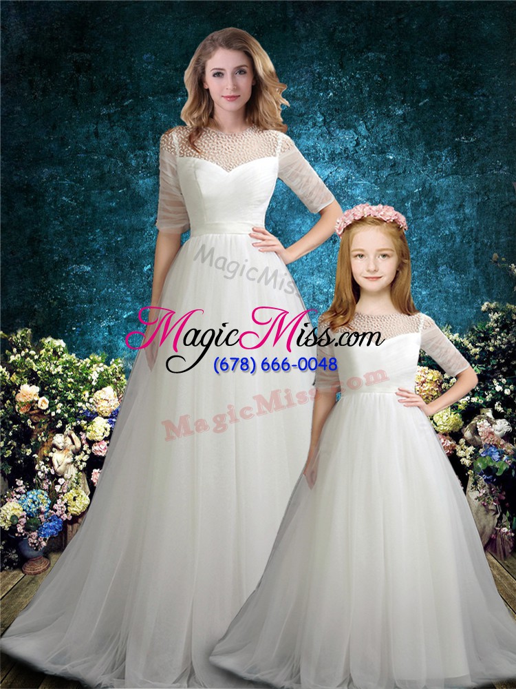 wholesale customized empire half sleeves white ball gown prom dress brush train zipper