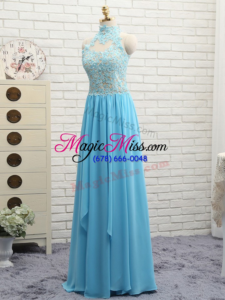 wholesale fashionable appliques prom evening gown baby blue backless sleeveless floor length